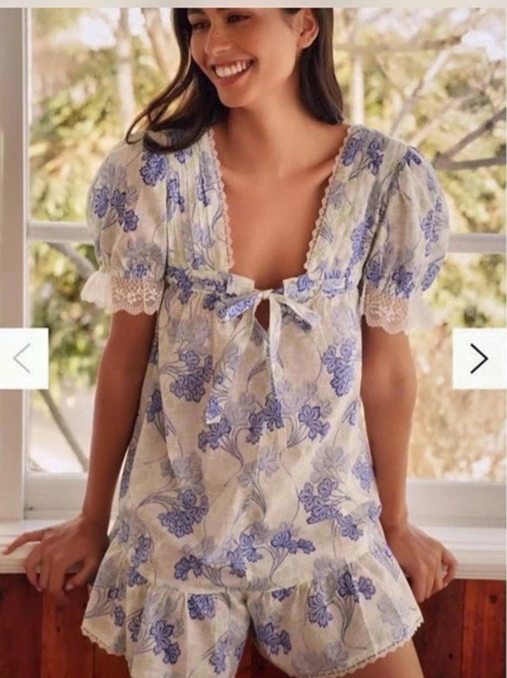 LyreBird Floral Mini Romper in Cream & Blue Large NWT